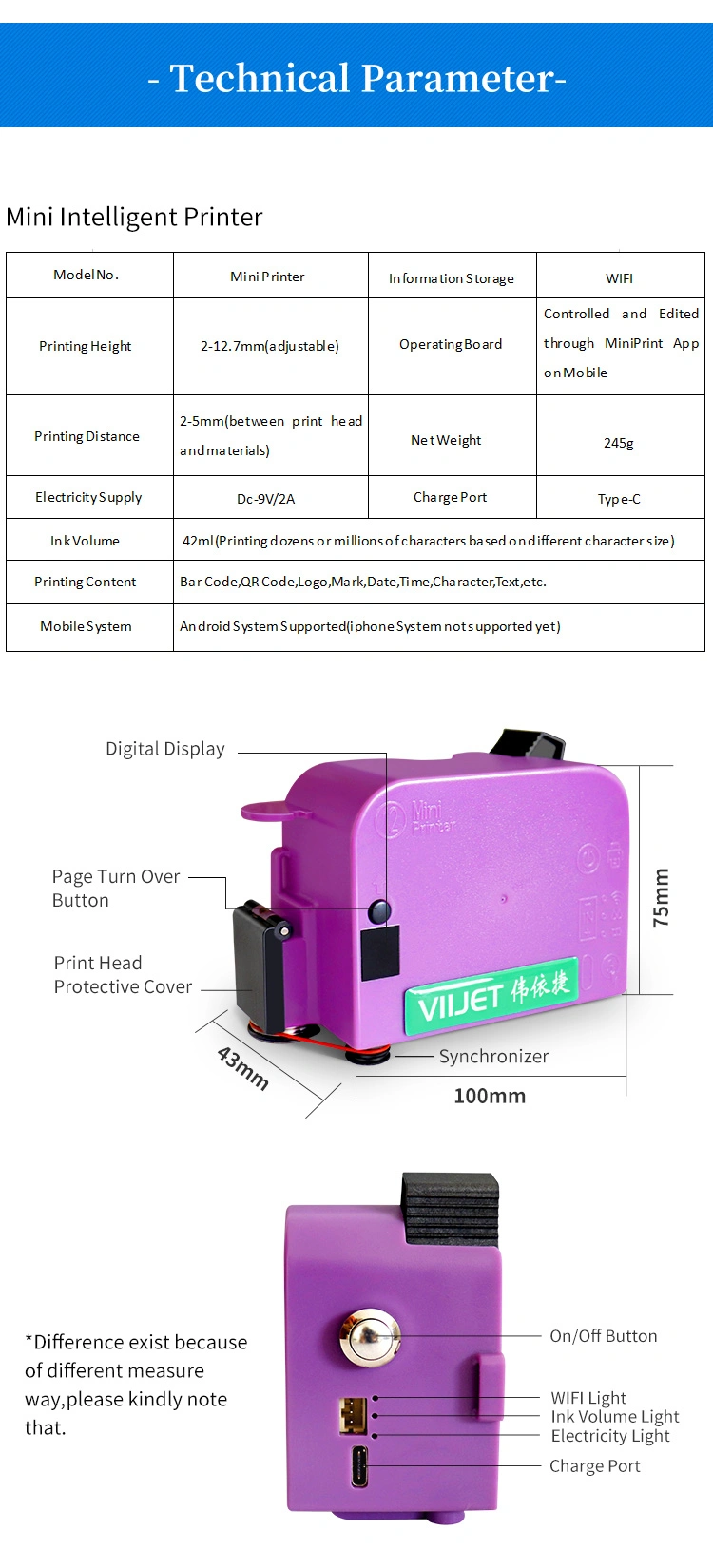 Viijet Inkjet Printer Portable Pocket Size Printer Ink Jet for Logo Product Day Batch Number Coding Printing